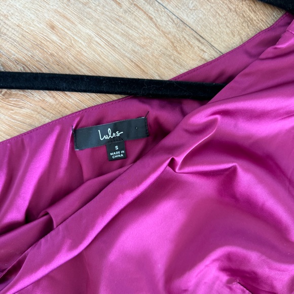 Lulus Magenta Satin One-Shoulder Feather Mini Dress - Picture 7 of 9